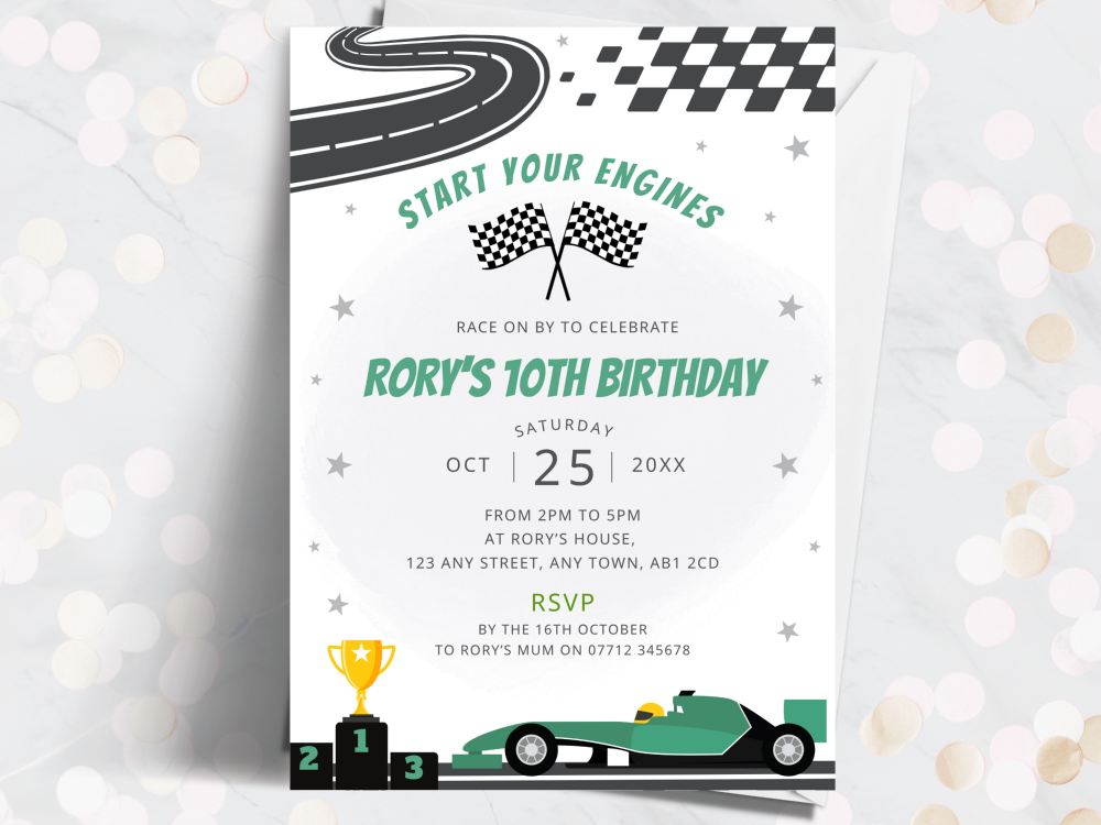 Green Racing Car Personalised Birthday Invitations from £4.45