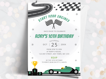 Green Racing Car Personalised Birthday Invitations from £4.45