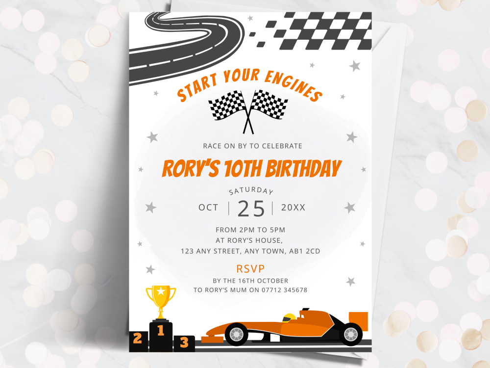 ORANGE Racing Car Personalised Birthday Invitations<br> from £4.45