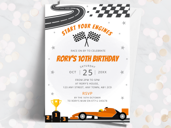 Orange Racing Car Personalised Birthday Invitations from £4.45