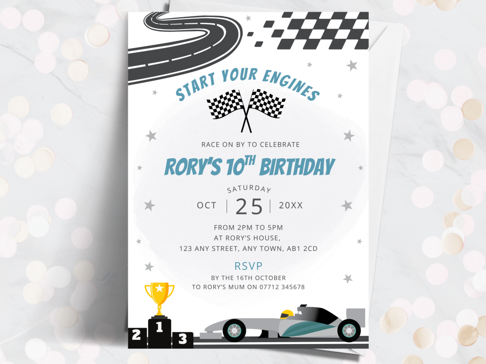 Grey Racing Car Personalised Birthday Invitations from £4.45