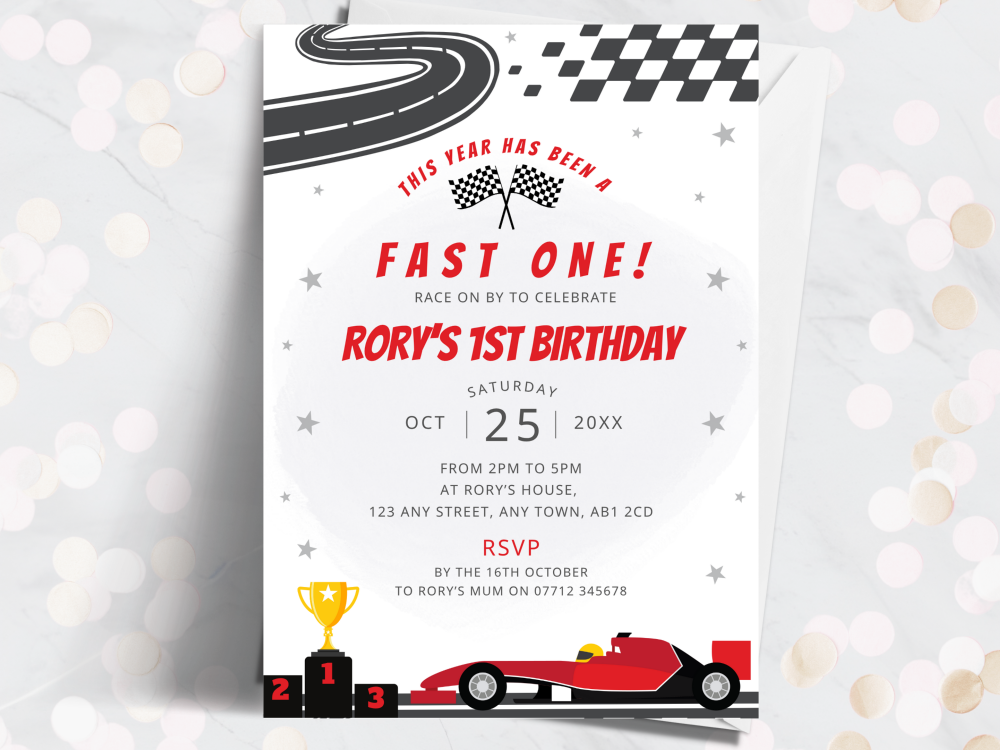 Fast One Red Racing Car Invitations – Personalised 1st Birthday Invite from £4.45