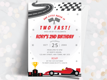 Two Fast Red Racing Car Invitations – Personalised 2nd Birthday Invite from £4.45