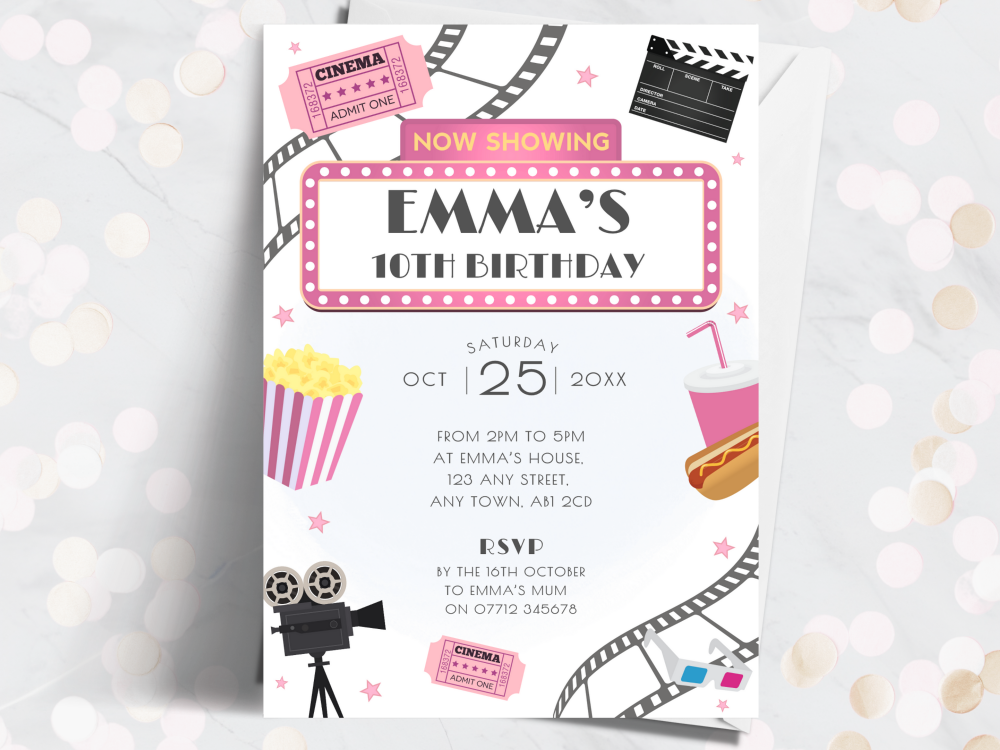 Movie Night Personalised Birthday Invitations - Pink Party Invites for Girls from £4.45
