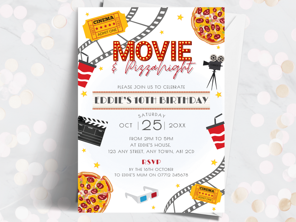 Movie & Pizza Personalised Birthday Invitations - Red Party Invites from £4.45