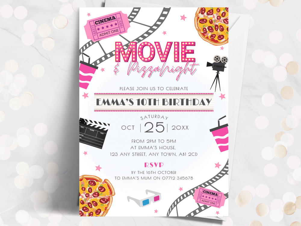 Movie & Pizza Personalised Birthday Invitations - Pink Party Invites for Girls from £4.45