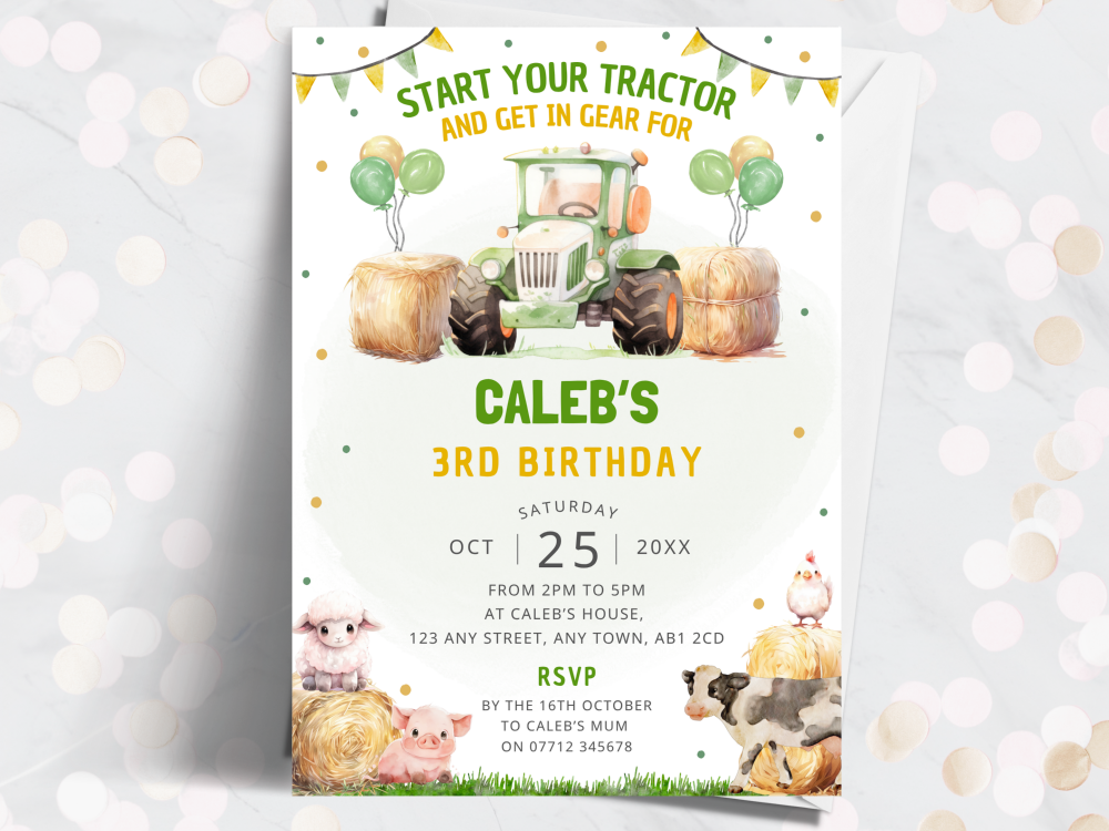Farm Tractor Personalised Birthday Invitations – Green Party Invites from £4.45