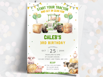 Farm Tractor Personalised Birthday Invitations – Green Party Invites from £4.45