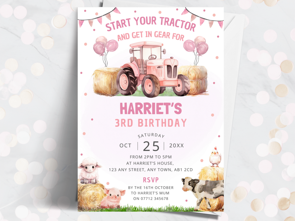 Farm Tractor Birthday Invitations – Personalised Pink Party Invites for Gir