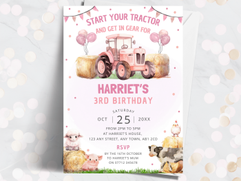 Farm Tractor Personalised Birthday Invitations – Pink Party Invites for Girls from £4.45
