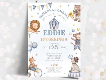 Circus Personalised Birthday Invitations - Blue Party Invites for Boys from £4.45