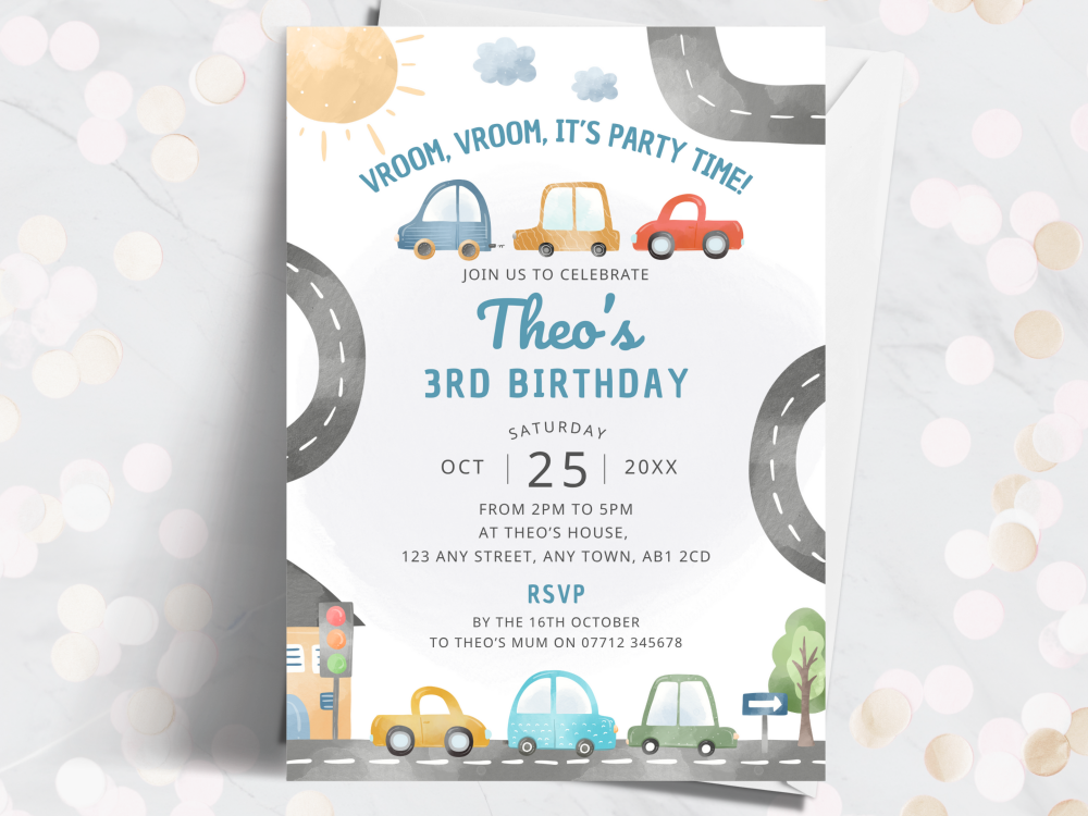 Cars Personalised Birthday Invitations – Traffic Theme Invites from £4.45