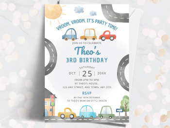 Cars Personalised Birthday Invitations – Traffic Theme Invites from £4.45