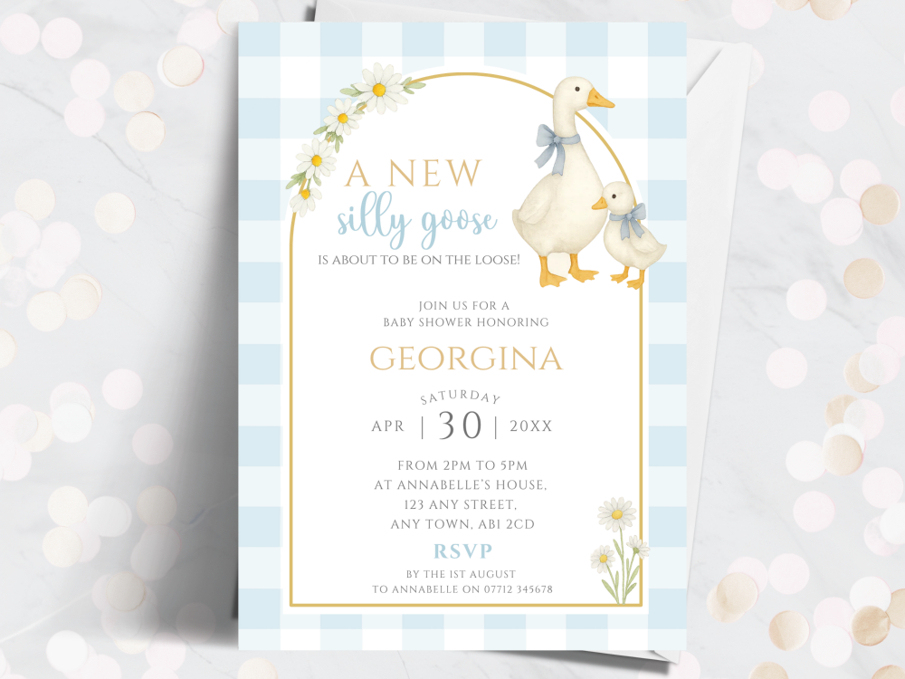 Blue Silly Goose Baby Shower Personalised Invitations from £4.45
