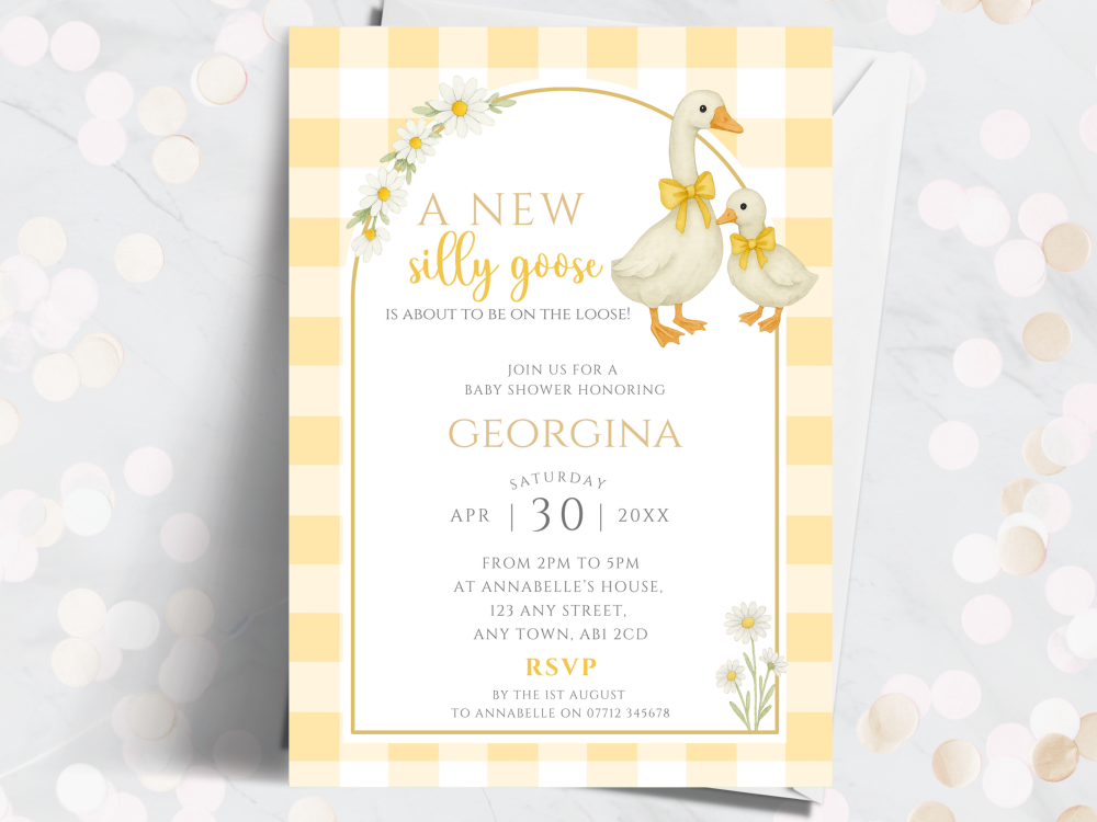 Yellow Silly Goose Baby Shower Personalised Invitations from £4.45
