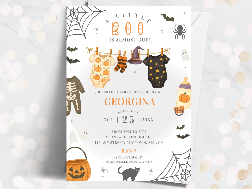 Halloween Little Boo Baby Shower Personalised Invitations from £4.45
