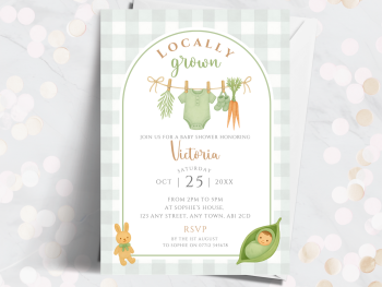 Locally Grown Green Gingham Baby Shower Personalised Invitations from £4.45