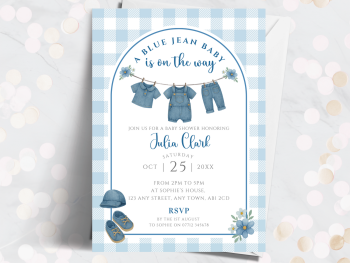 Blue Jean Baby Boy Gingham Baby Shower Personalised Invitations from £4.45