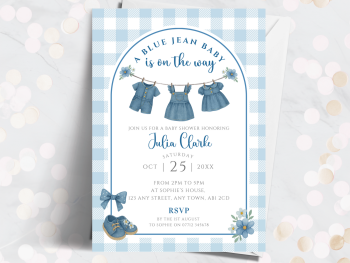 Blue Jean Baby Girl Gingham Baby Shower Personalised Invitations from £4.45
