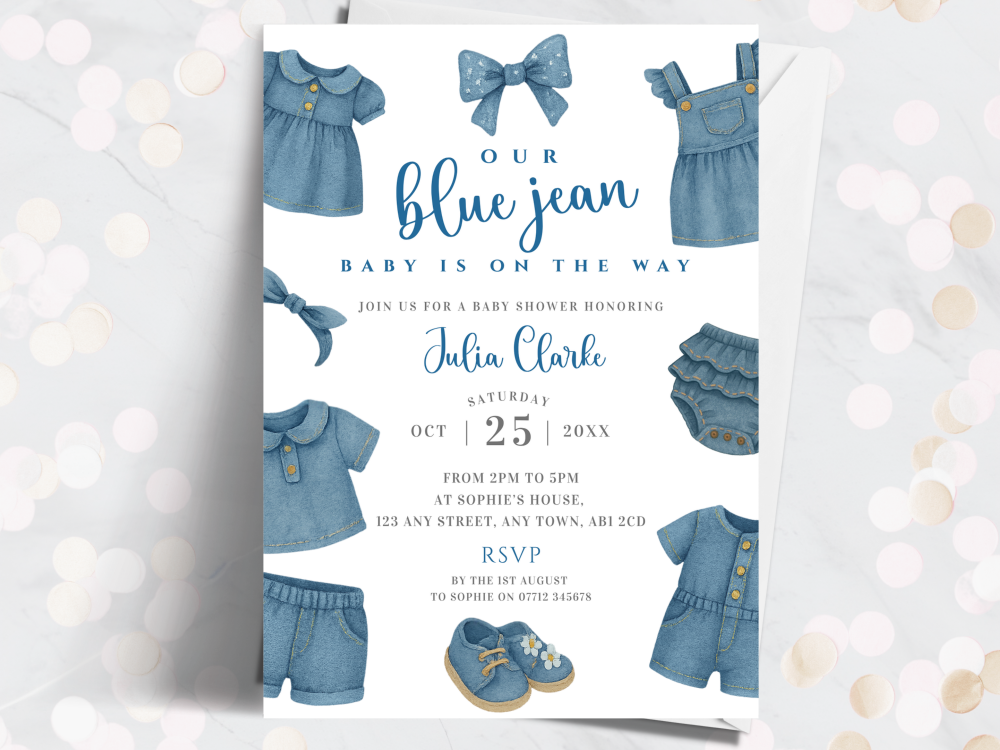 Blue Jean Baby Girl Baby Shower Personalised Invitations from £4.45