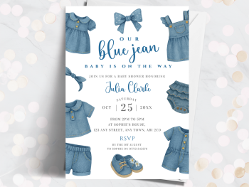 Blue Jean Baby Girl Baby Shower Personalised Invitations from £4.45
