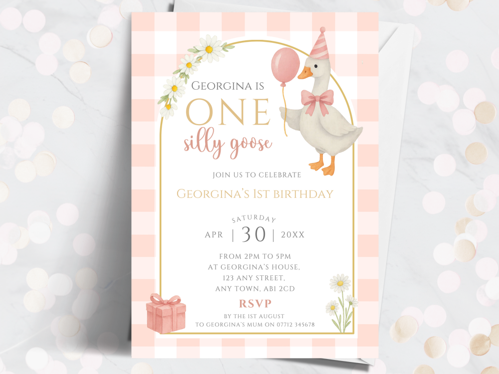 Pink ONE Silly Goose Girl's Personalised 1st Birthday Invitations from £4.45