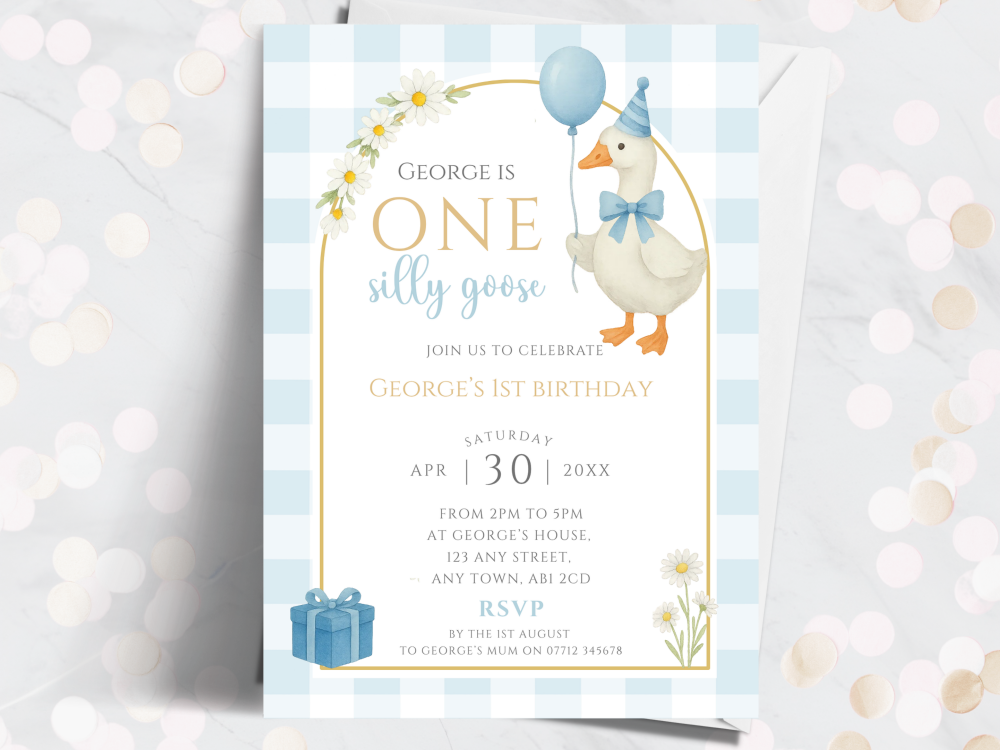 Blue ONE Silly Goose Boy's Personalised 1st Birthday Invitations from £4.45