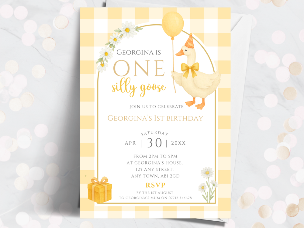 Yellow ONE Silly Goose Personalised 1st Birthday Invitations from £4.45