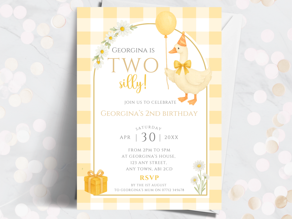 Yellow TWO Silly (Goose) Personalised 2nd Birthday Invitations from £4.45