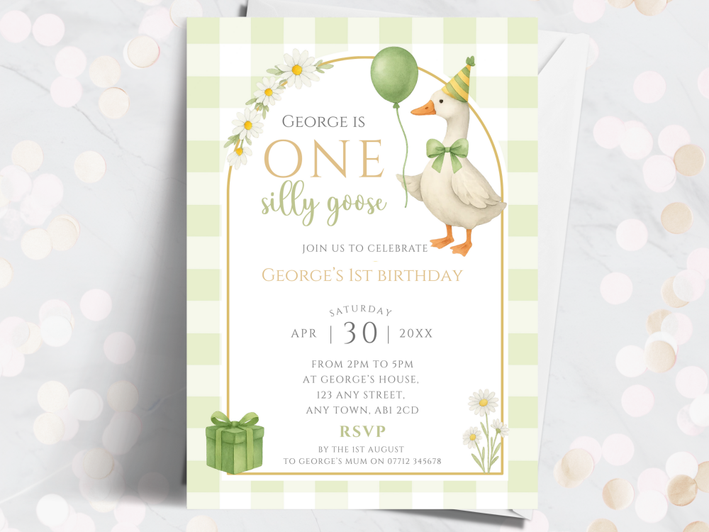 Green ONE Silly Goose Personalised 1st Birthday Invitations from £4.45