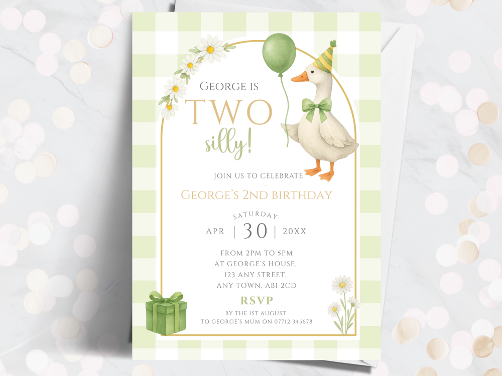 Green TWO Silly (Goose) Personalised 2nd Birthday Invitations from £4.45