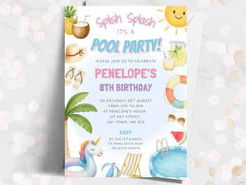 Pool Party Splish Splash Personalised Birthday Invitations from £4.45