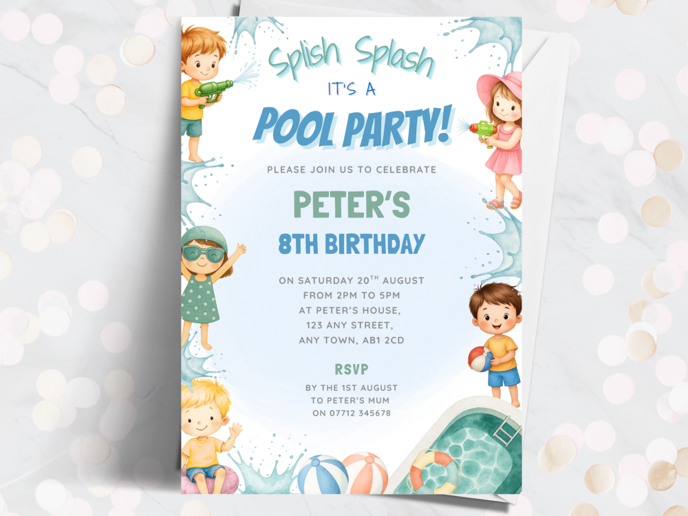 Pool Party Splish Splash Blue Personalised Birthday Invitations from £4.45