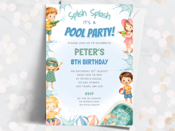 Pool Party Splish Splash Blue Personalised Birthday Invitations from £4.45
