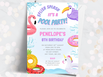 Pool Party Girl's Inflatables Theme Personalised Birthday Invitations from £4.45