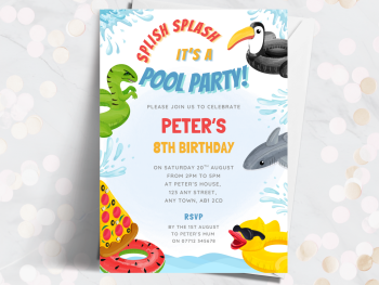Pool Party Summer Fruits Inflatables Theme Personalised Birthday Invitations from £4.45