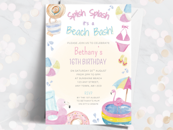 Beach Party Girl's Pool Theme Personalised Birthday Invitations from £4.45