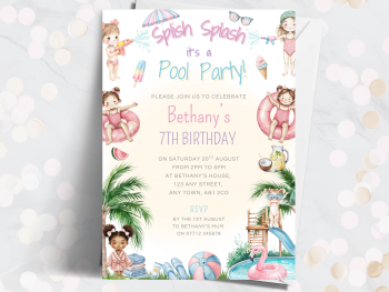 Pool Party Girl's Water Slide Theme Personalised Birthday Invitations from £4.45