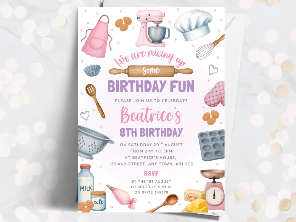 Baking Party - Girl's Pink Theme Personalised Birthday Party Invitations from £4.45
