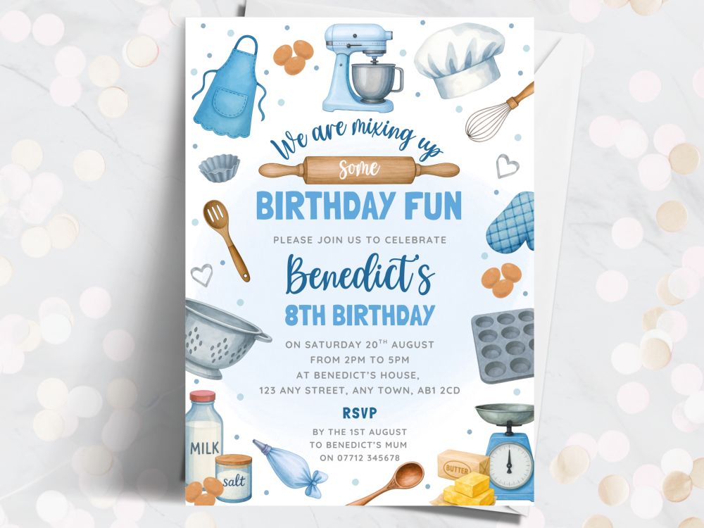 Baking Party - Boy's Blue Theme Personalised Birthday Party Invitations from £4.45