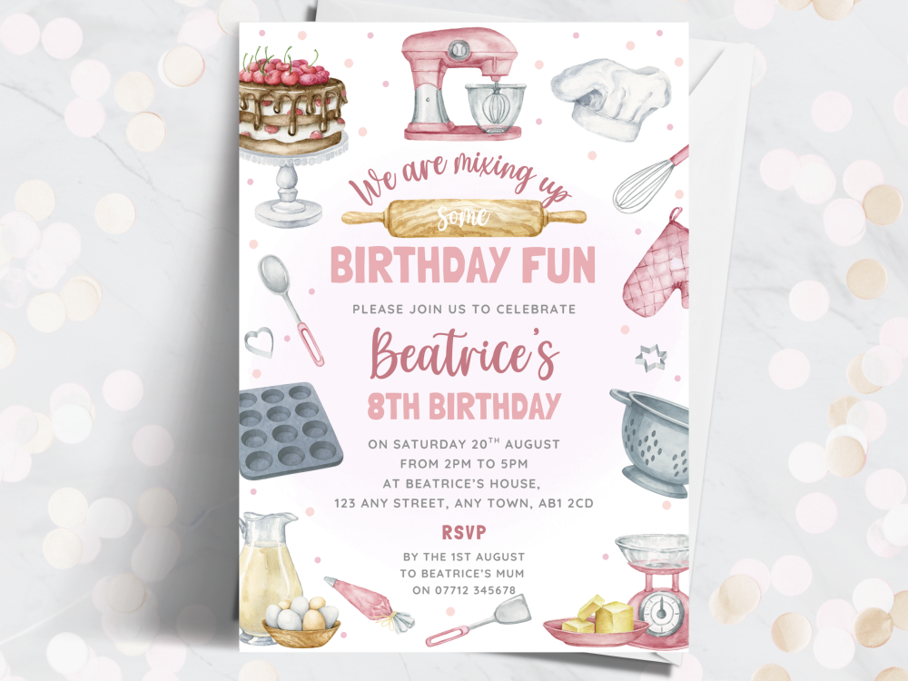 Baking Party - Girl's Pastel Pink Theme Personalised Birthday Party Invitations from £4.45