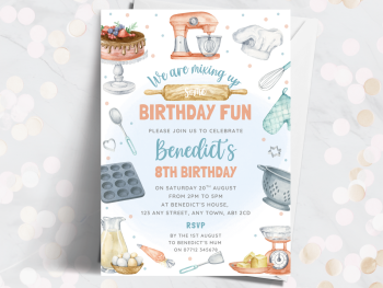 Baking Party - Orange & Blue Theme Personalised Birthday Party Invitations from £4.45