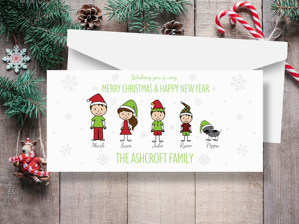 </001>Stick Family Personalised Christmas Cards - Pack of 10