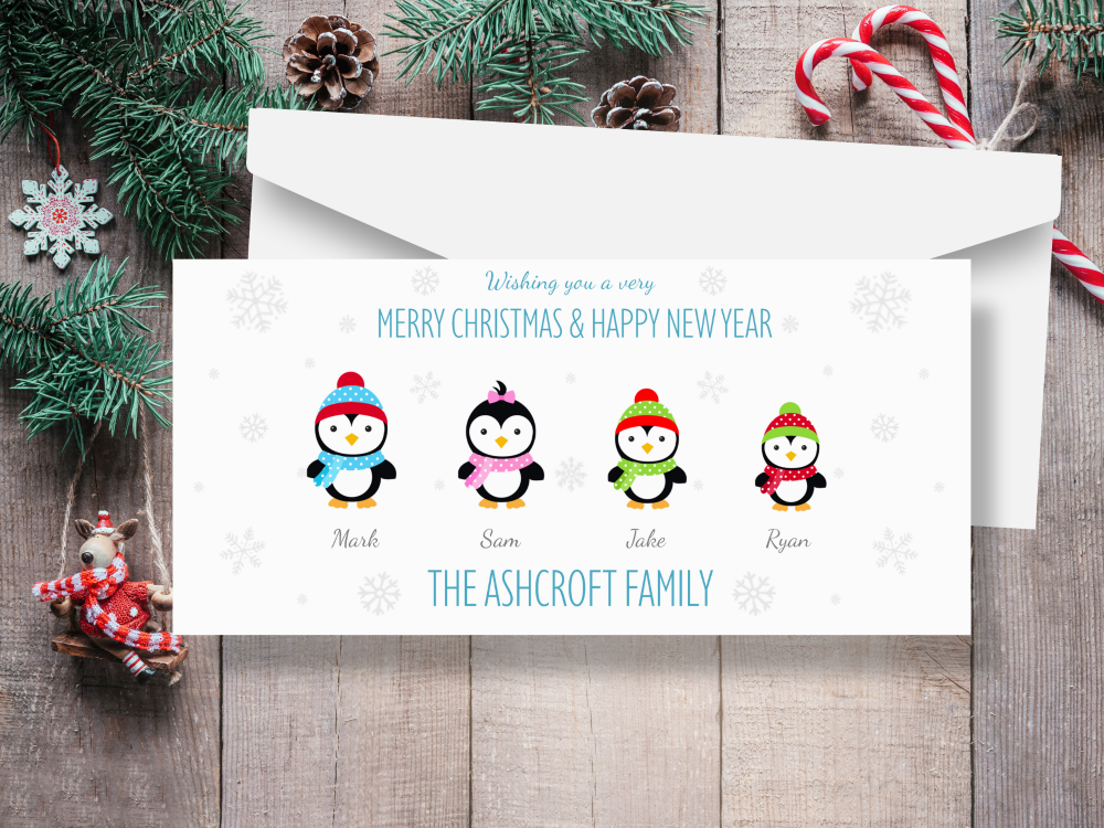 Penguin Personalised Family Christmas Cards - Pack of 10
