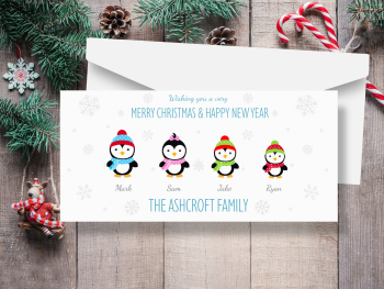 Penguin Personalised Family Christmas Cards - Pack of 10