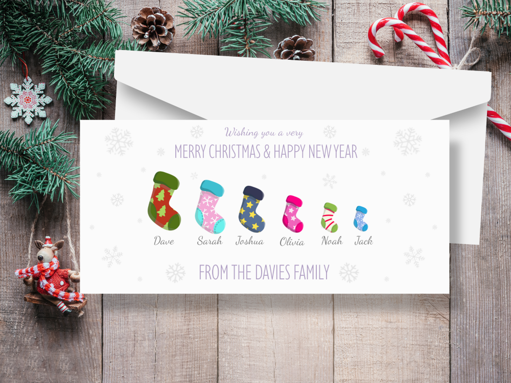 </008>Stockings Personalised Family Christmas Cards - Pack of 10