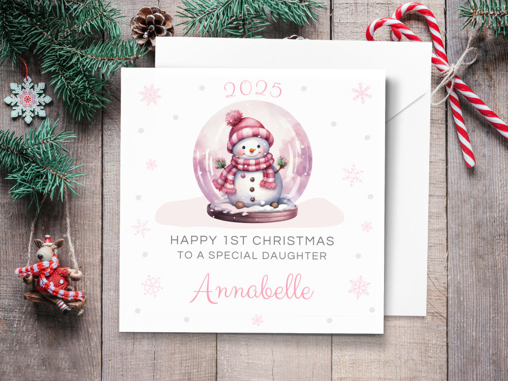 2025 Snowglobe Personalised 1st Christmas Card - PINK