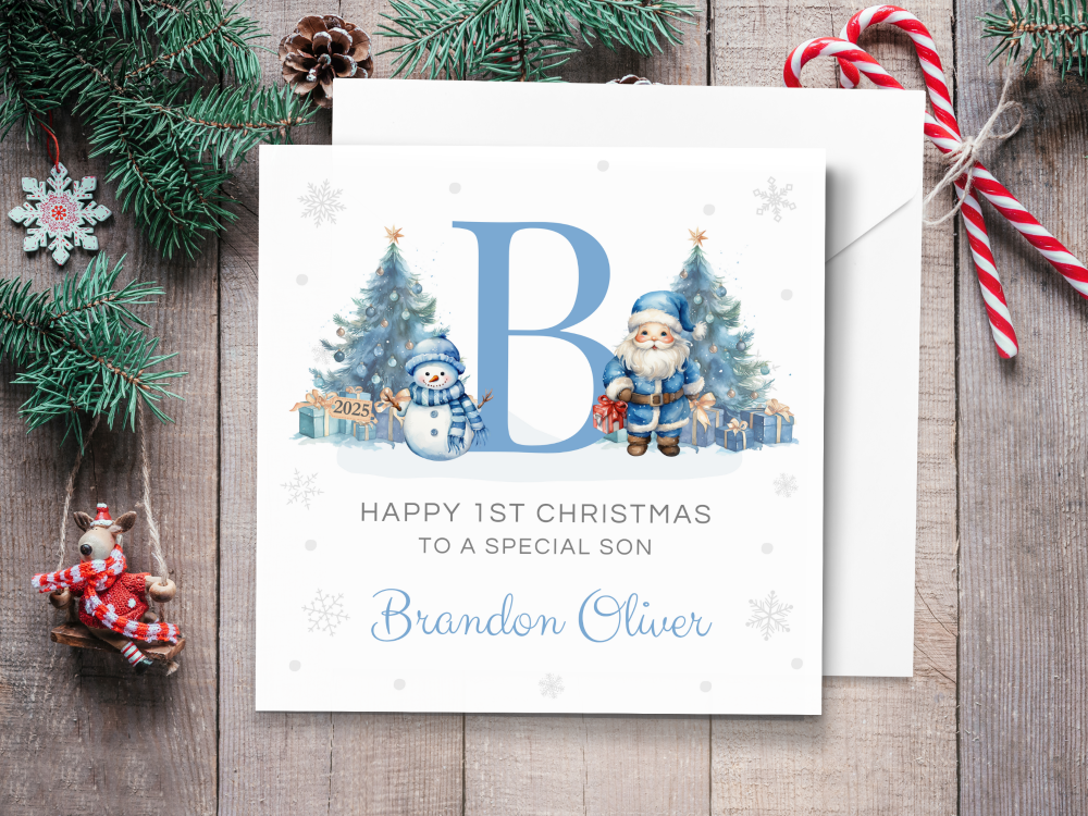 Personalised 1st Christmas Card 2025 with Santa & Initial - BLUE