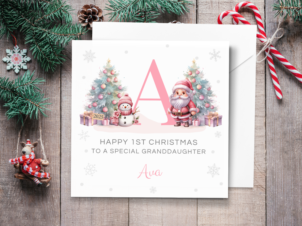 Personalised 1st Christmas Card 2025 with Santa & Initial - PINK
