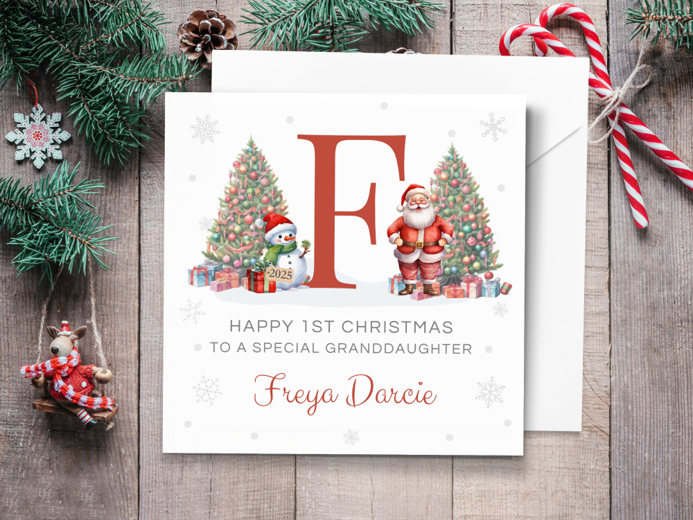 Personalised 1st Christmas Card 2025 with Santa & Initial - RED